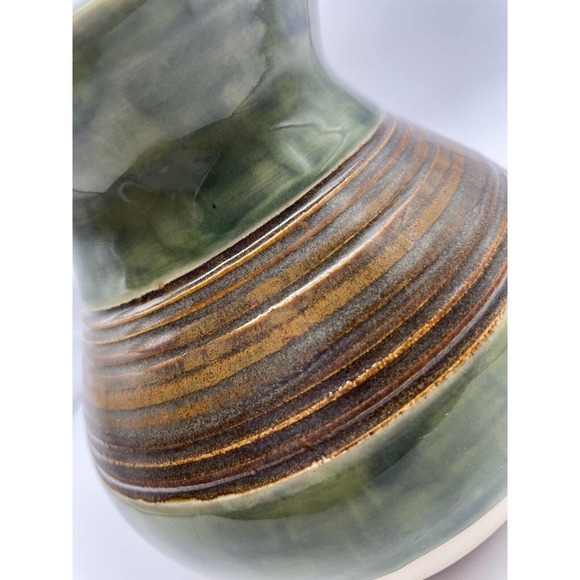 Studio Art Pottery Vase Hand Painted in Green with Textured Brown Stripes - Picture 5 of 11